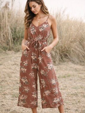 American Eagle Outfitters Rust Floral Spaghetti-Strap Wide-Leg Jumpsuit